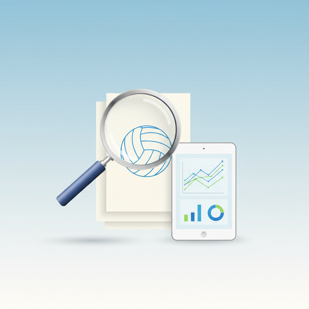 Abstract representation of research, stack of documents with volleyball diagram, magnifying glass, digital tablet with graphs, clean minimalist style