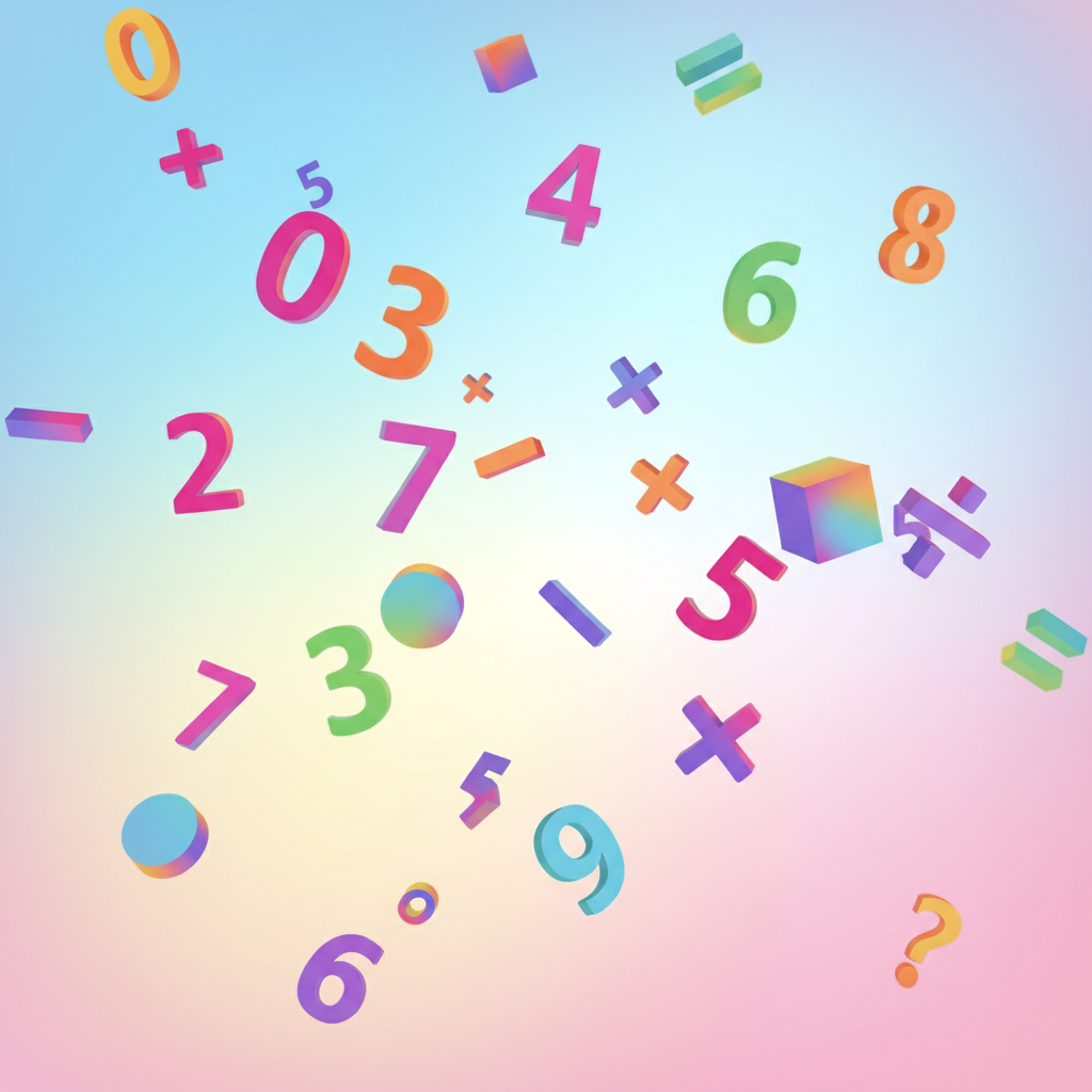 colorful 3d math numbers and symbols flying floating fun education style bright background