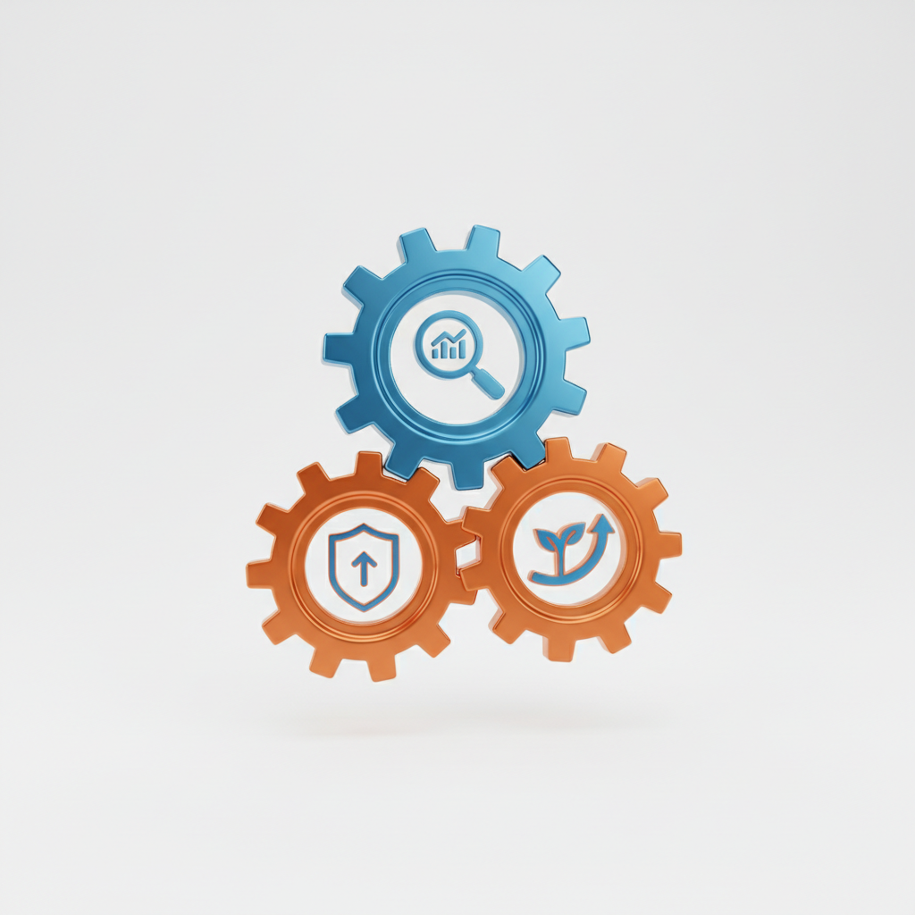 3D rendering of interlocked gears with icons for analysis, strategy, and growth, metallic blue and orange, white background