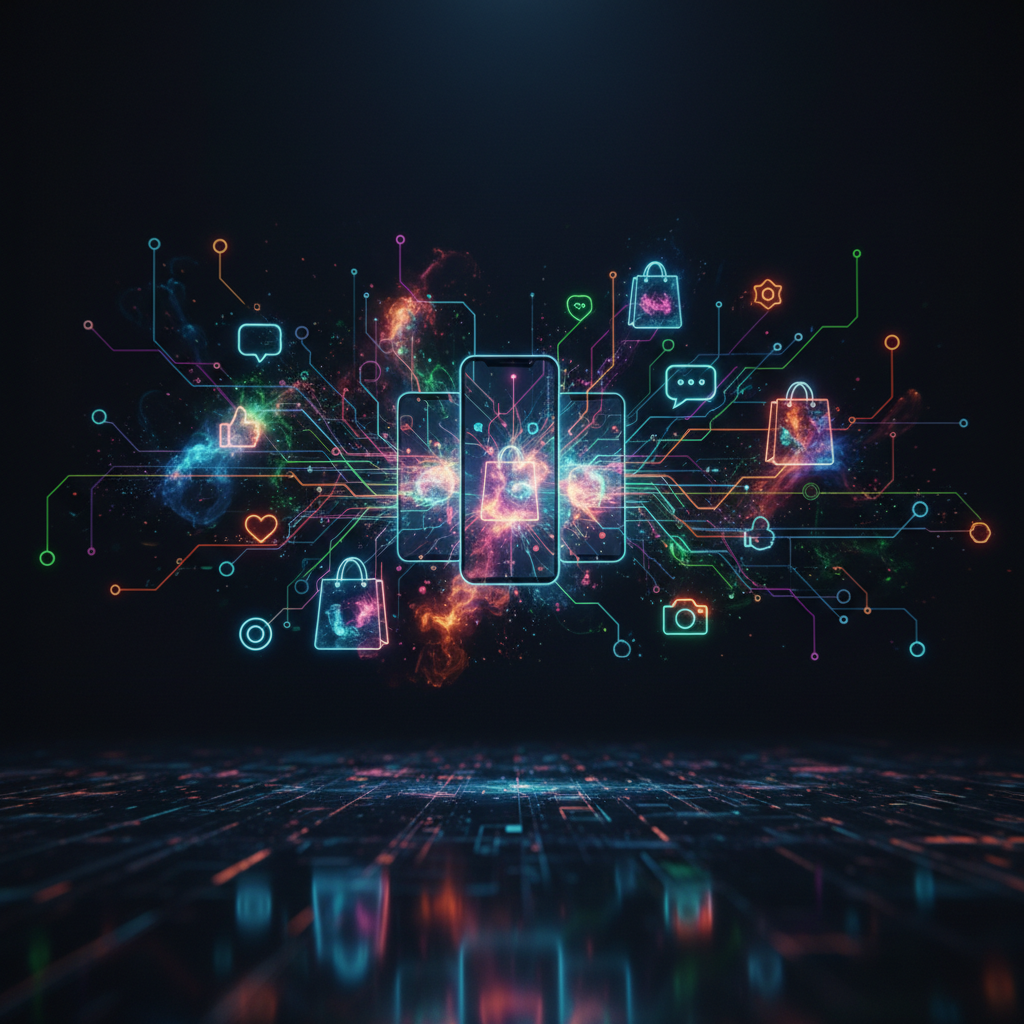 Abstract digital concept showing smartphone screens emitting colorful light connecting to shopping bags and social media icons, dark background, professional, cinematic lighting, 8k resolution