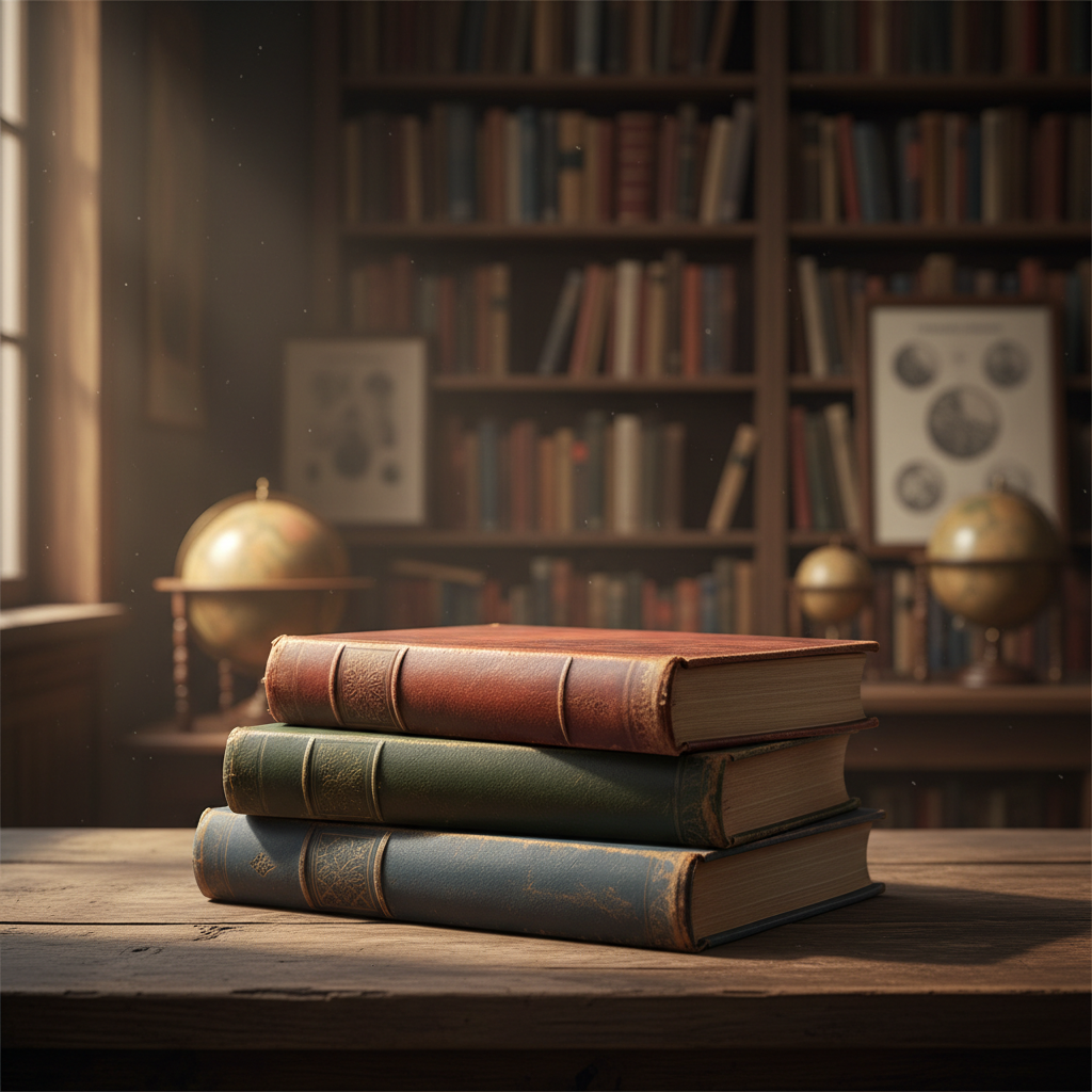 Artistic still life of a stack of hardcover books on a wooden table, warm lighting, library background