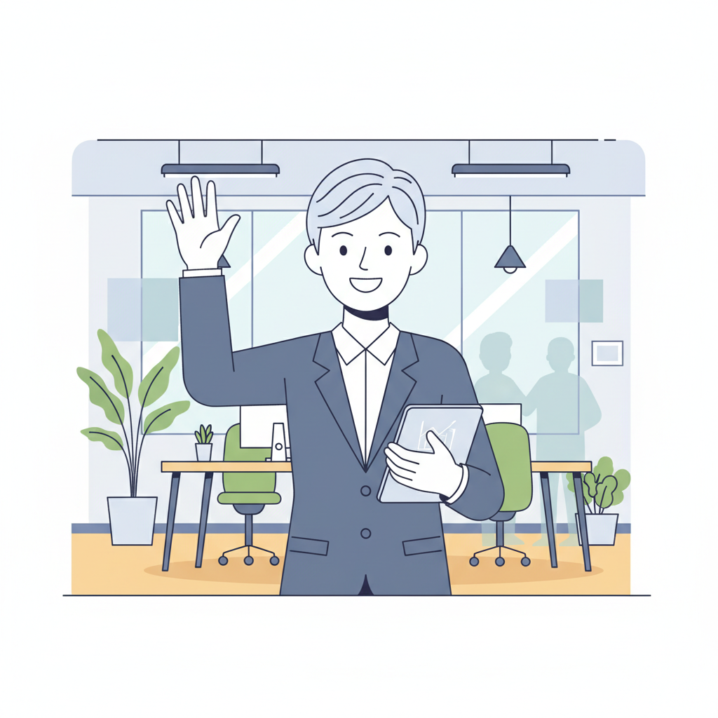 friendly professional consultant waving hello in a modern bright office, flat vector illustration style, minimal and clean
