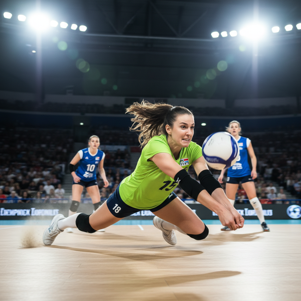Volleyball libero player in a contrasting jersey color diving for a ball, dynamic action shot, blurred motion, bright stadium lights