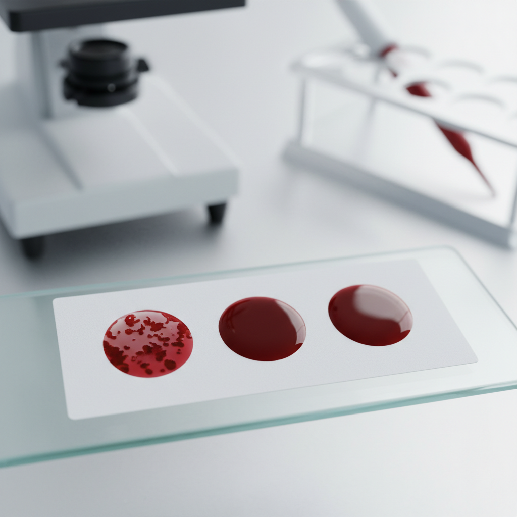 Blood typing test card macro photo. Three circles with blood drops. One circle shows clumping agglutination texture, others are smooth red liquid. Lab setting, realistic.