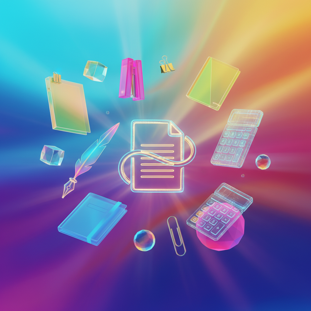 Abstract 3D illustration of floating colorful geometric office supplies, glowing digital document icon, quill and calculator, vibrant gradient background, cinematic lighting, 8k resolution, no text