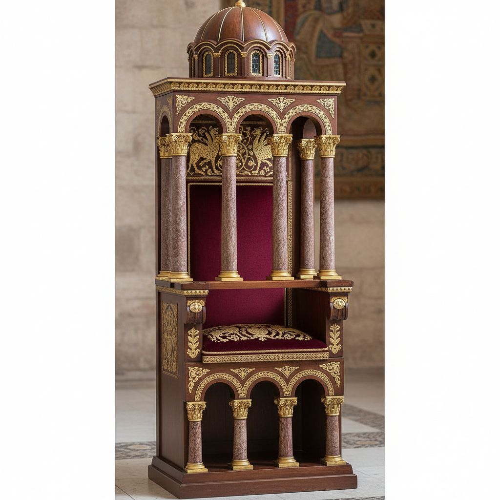High back byzantine throne chair resembling a miniature building with columns and arches, architectural composition