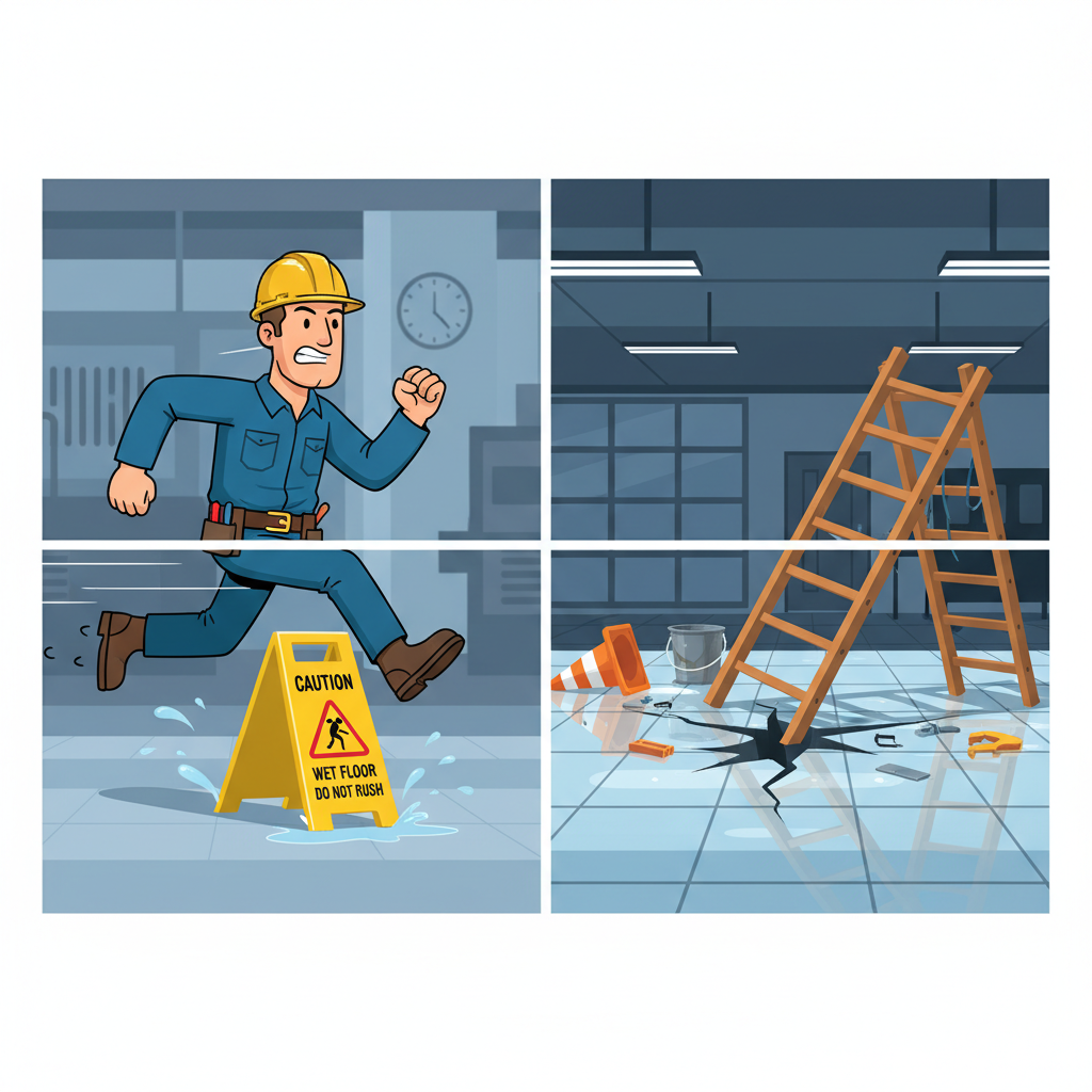 Split image illustration: on the left a worker rushing and ignoring a sign, on the right a broken ladder on a wet floor