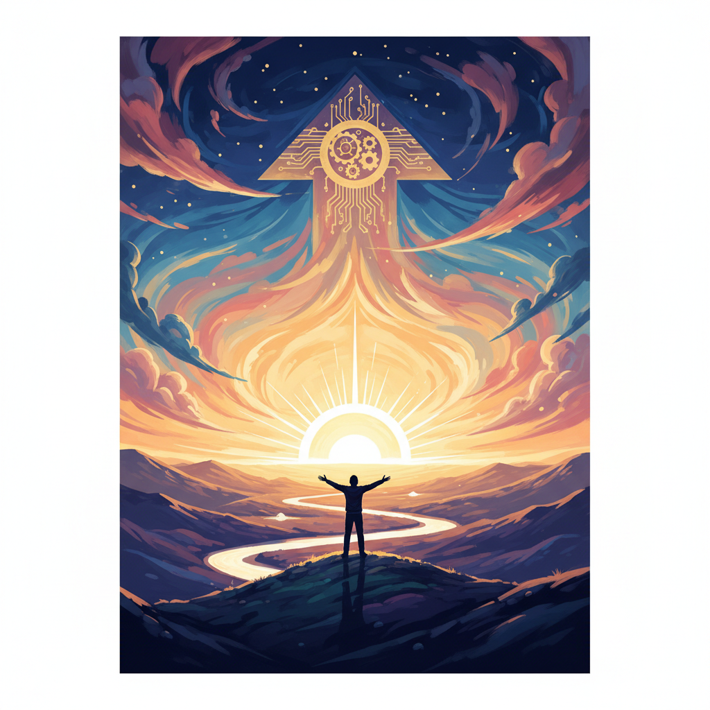A person standing on top of a hill looking at a sunrise, representing success and future, digital art style