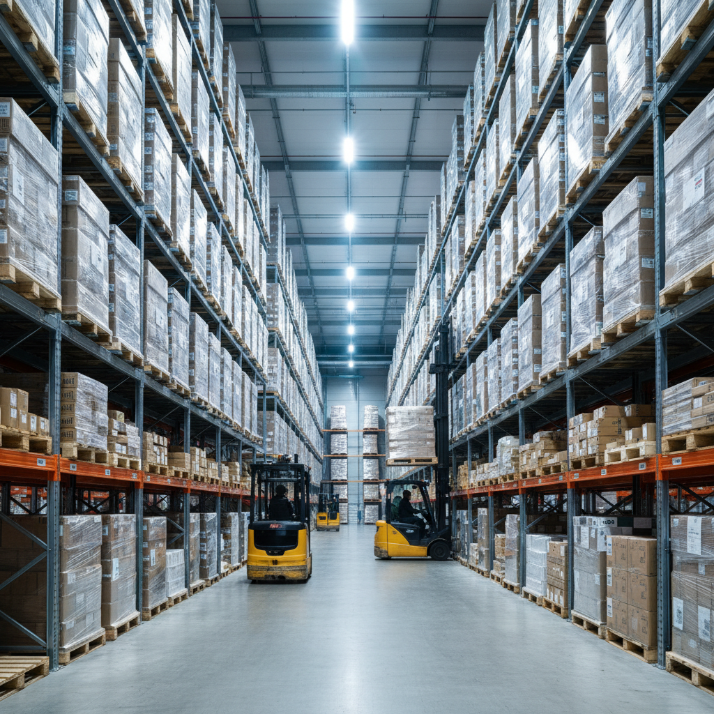 Massive modern warehousing facility interior, high shelves stocked with pallets, forklifts, industrial aesthetic, depth of field