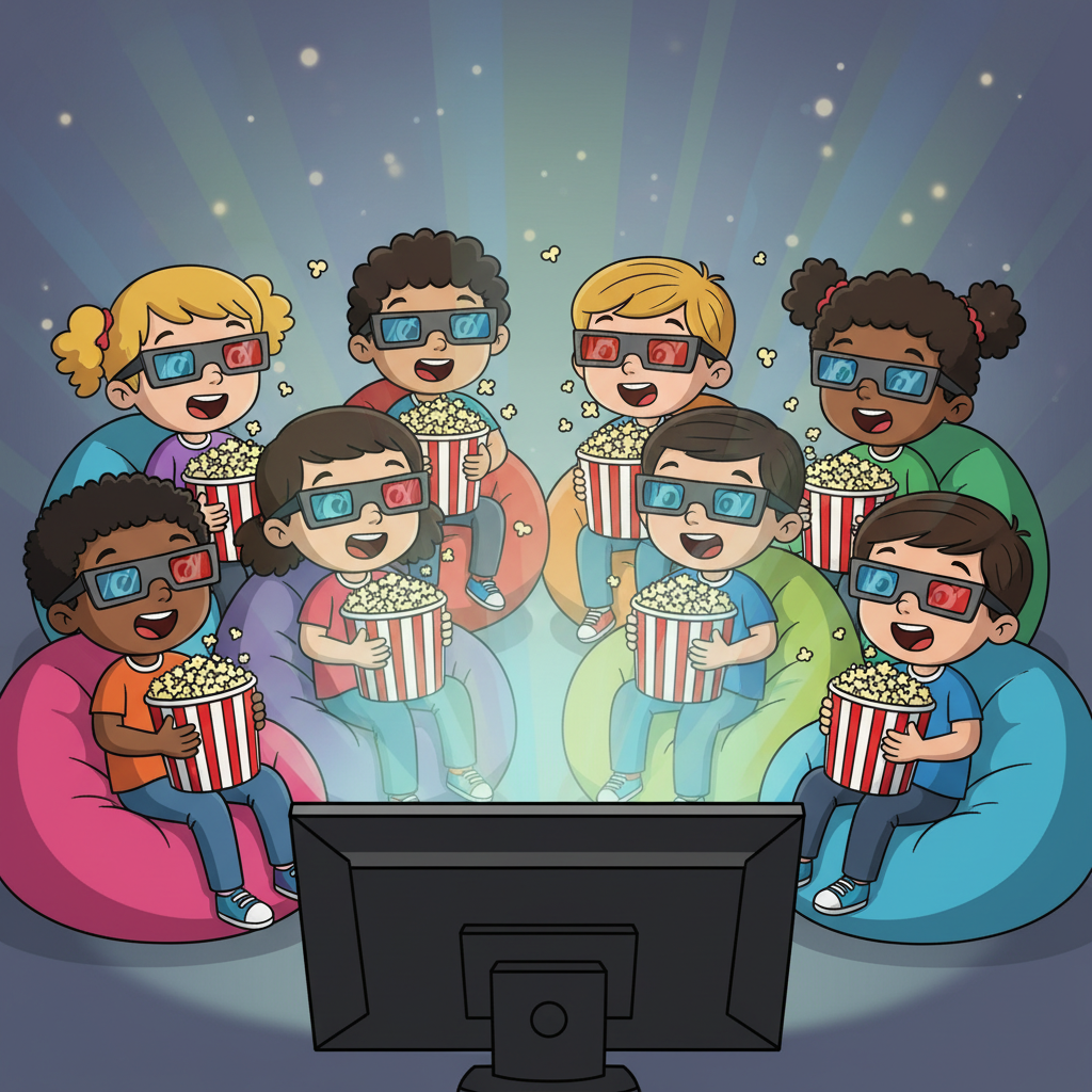 group of happy multicultural children wearing 3d glasses holding popcorn watching a glowing movie screen, surprised expressions, cartoon style illustration