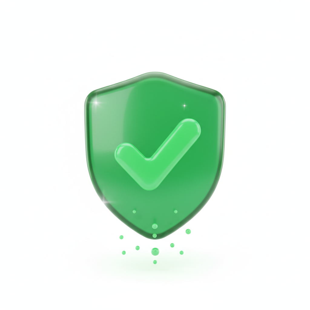 A simple, clean 3D floating icon of a green checkmark or shield representing health success, white background