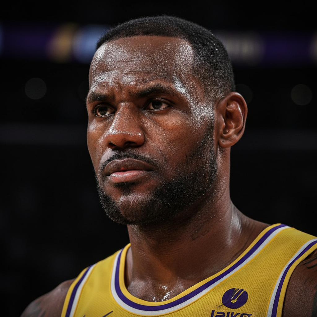 Close-up portrait of LeBron James, intense focus, sweat on forehead, determined eyes, Lakers jersey visible, dramatic shadows