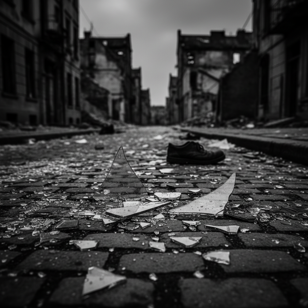 Broken glass on a cobblestone street, symbolic of Kristallnacht, black and white artistic composition