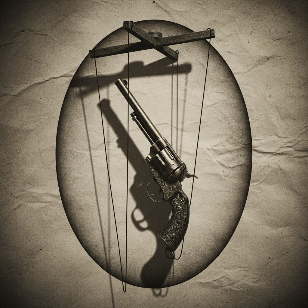 The Godfather logo style, marionette strings holding a revolver, noir atmosphere