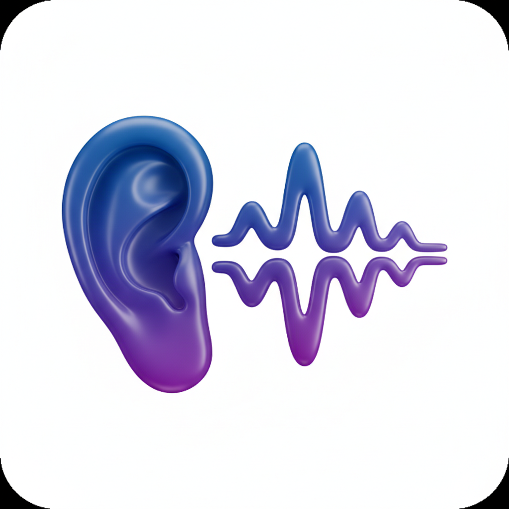 Icon of a human ear listening to sound waves, gradients of blue and purple, 3d render style