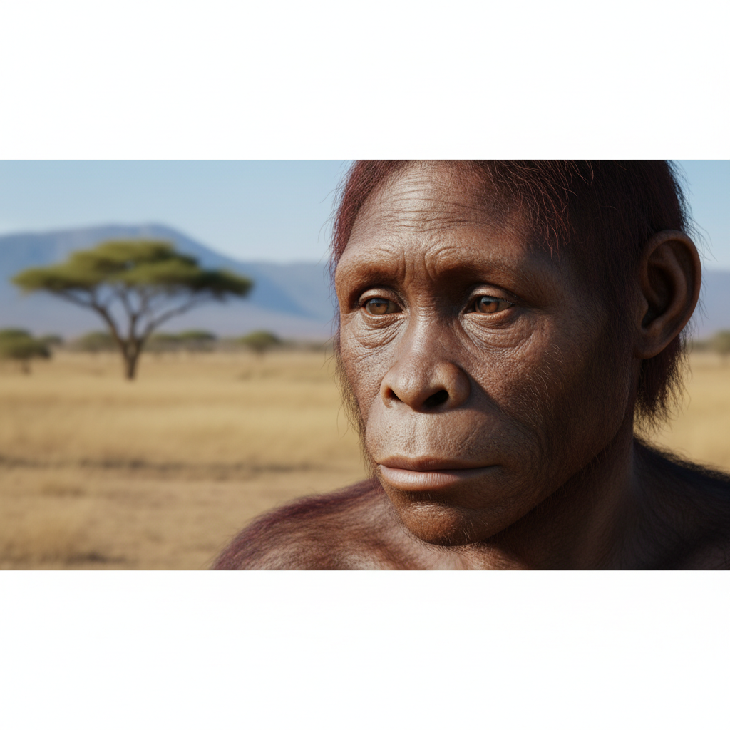 Realistic artistic reconstruction of Australopithecus afarensis face, looking contemplative, set against a blurred African savannah background.