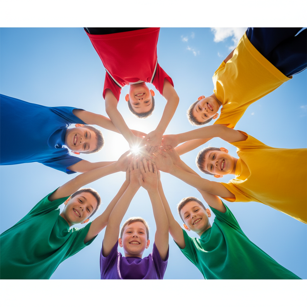 Kids in sports uniforms doing a high-five huddle in a circle, view from below looking up, blue sky background, teamwork concept