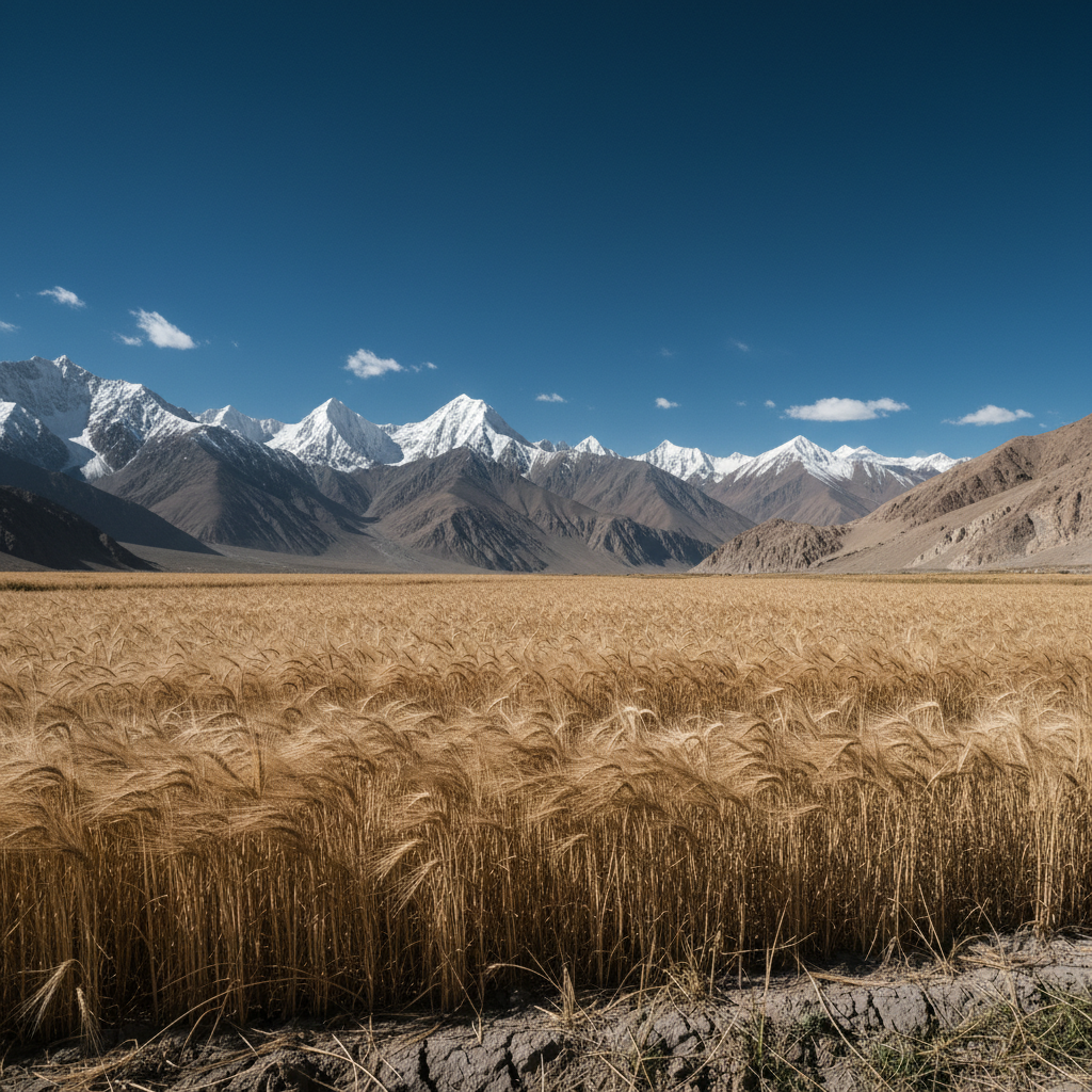 A beautiful golden barley field in Ladakh, dry rocky soil, background features majestic snow-capped Himalayan mountains under a deep blue sky, realistic photography.