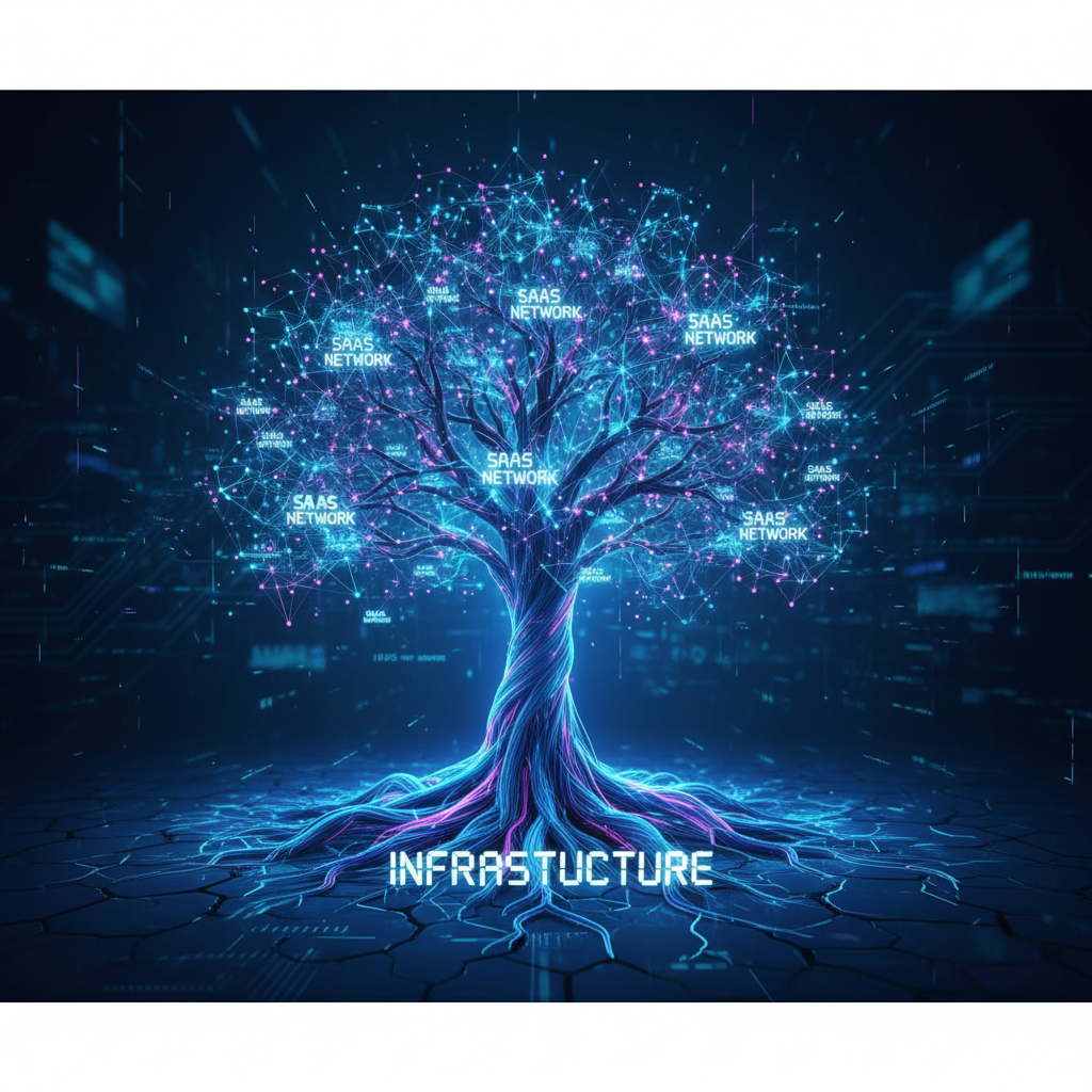 glowing digital tree made of fiber optic cables, strong thick glowing roots in the ground labeled 'Infrastructure', spreading out into a canopy of interconnected nodes labeled 'SaaS Network', dark blue cyber background