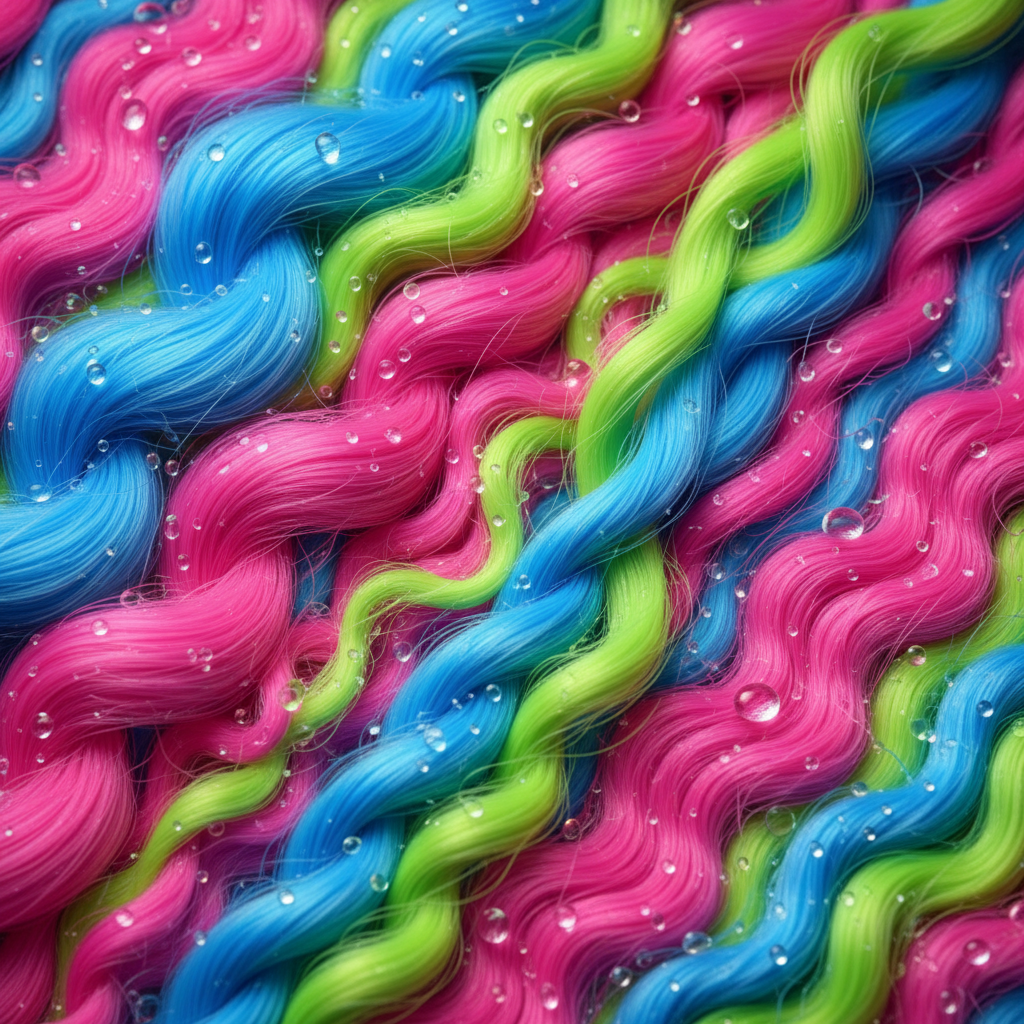 Abstract collage of colorful hair textures, neon pink, blue and green hair strands macro shot