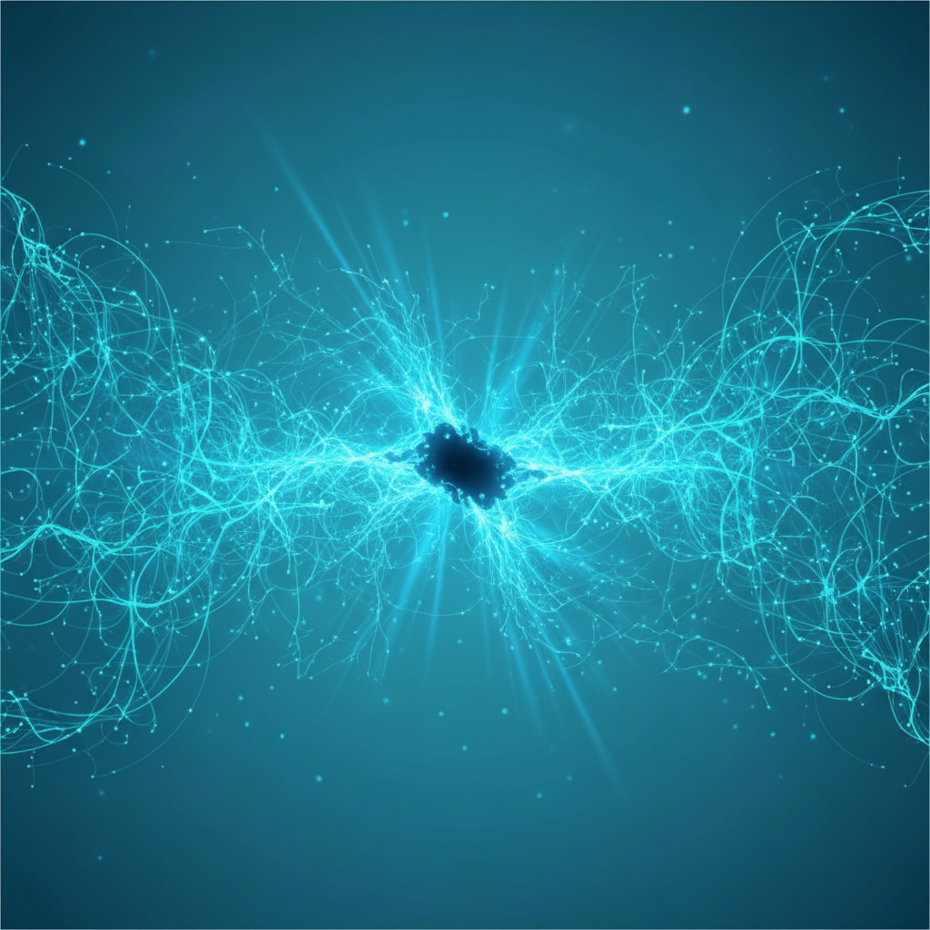Abstract representation of brain neural network reorganizing or bypassing a lesion, glowing connections, teal and science blue
