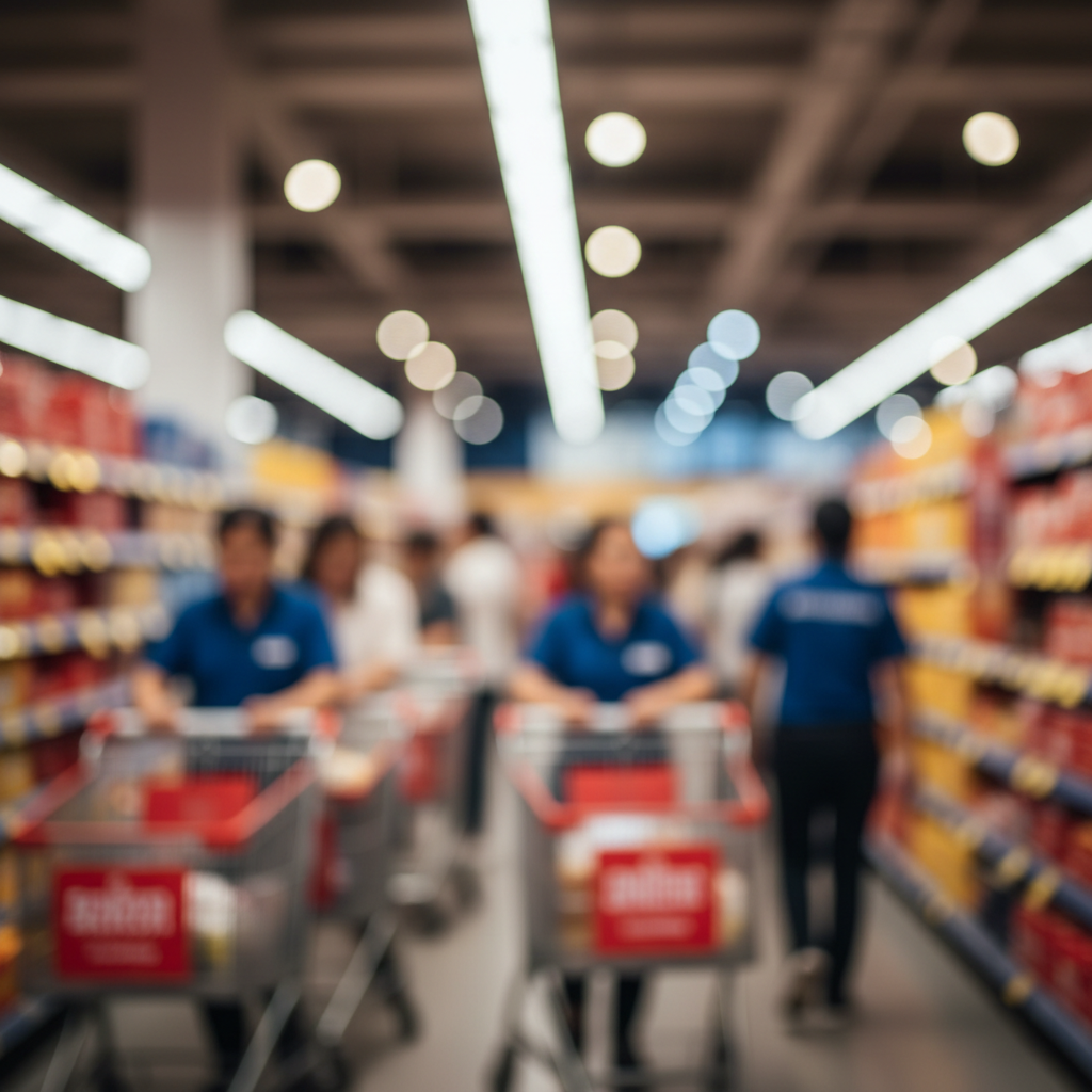 Blurry background of a busy grocery store interior, shopping carts, red and blue color palette, bokeh effect, professional retail photography