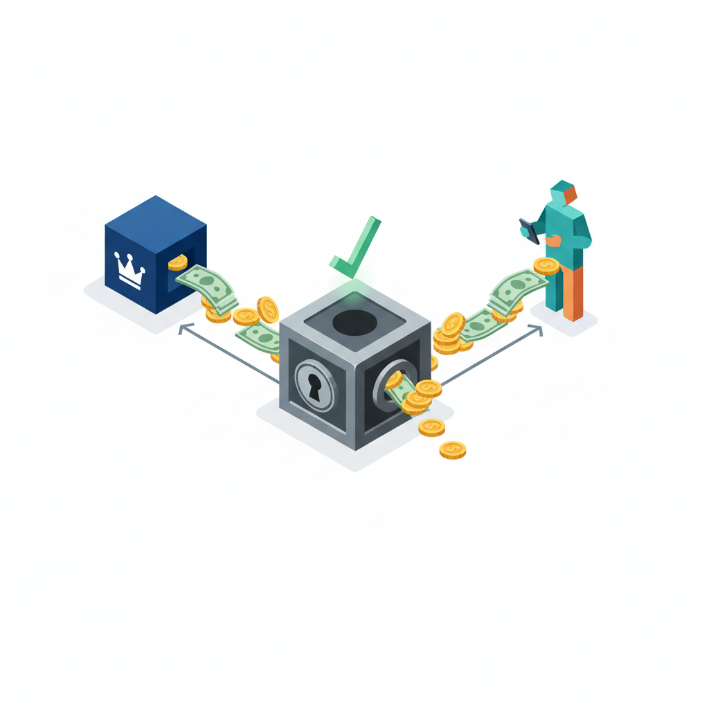 Minimalist isometric diagram showing money flowing from a brand to a lock box, and then to an influencer only after a green checkmark signal appears. Clean white background.