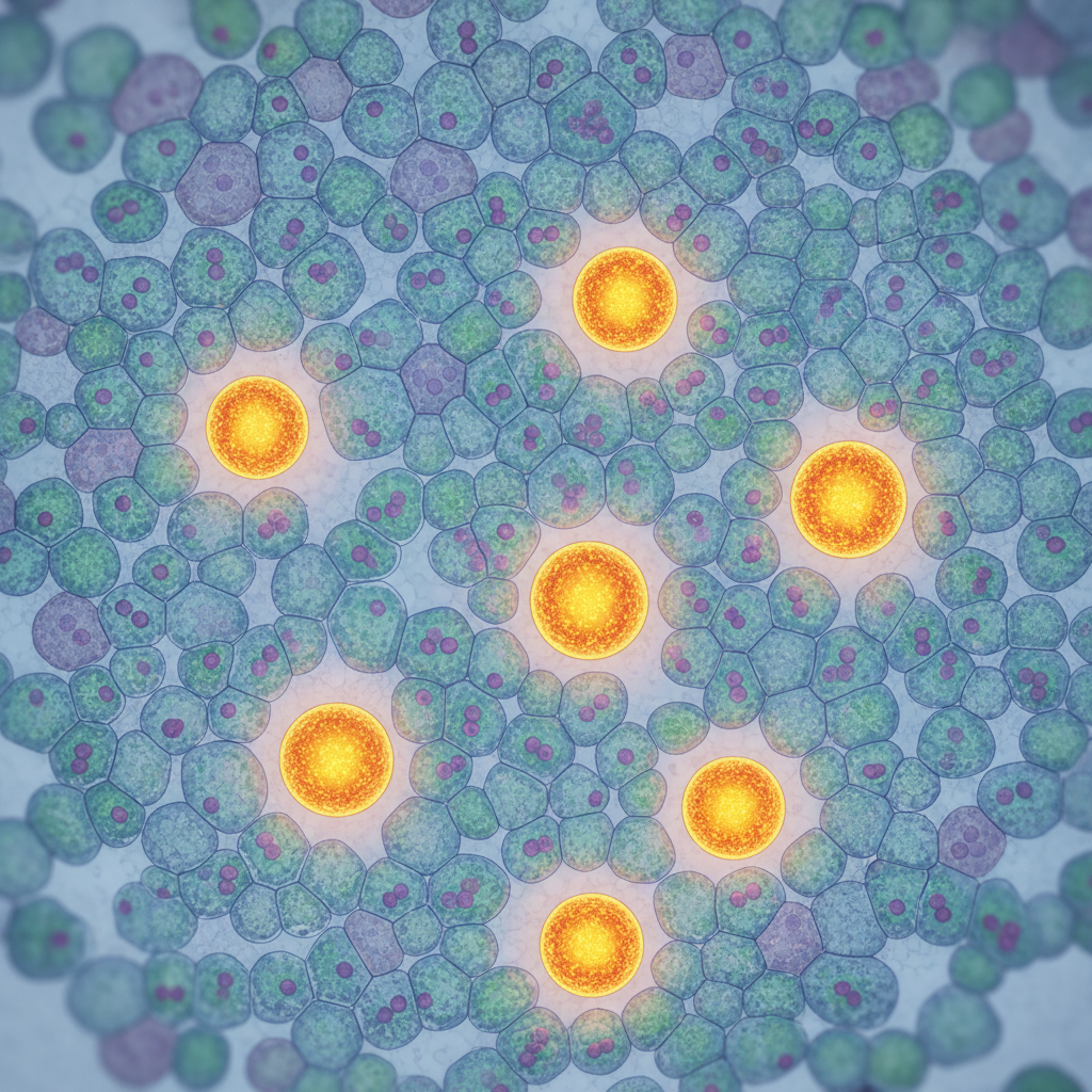 microscope style illustration of drosophila fly cells, some highlighted as special precursors (SOP) with spacing between them, biological diagram style