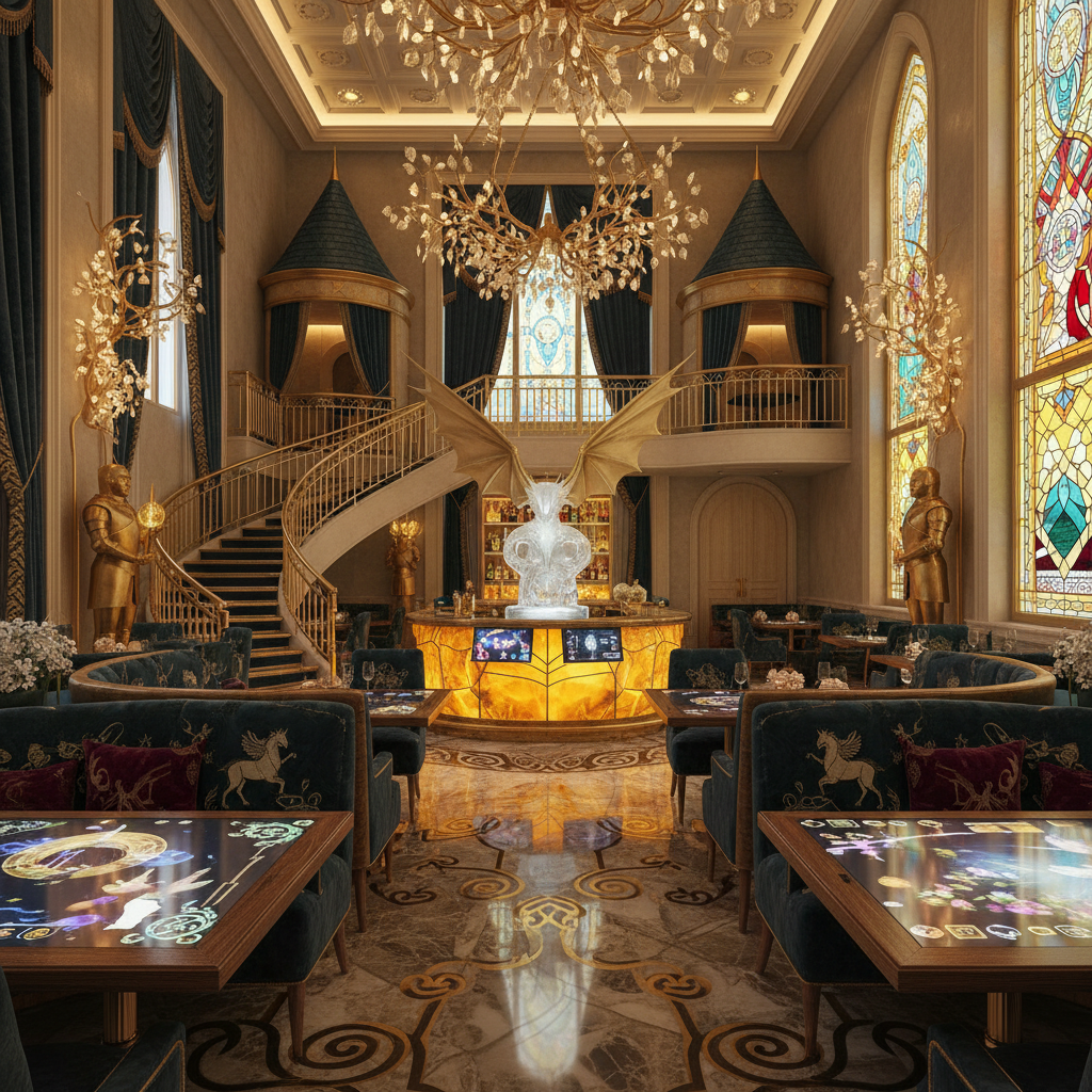 luxurious interactive restaurant interior, enchanted castle theme, modern boutique hotel style, warm lighting, elegant furniture, high ceilings, velvet textures, golden accents, photorealistic 8k
