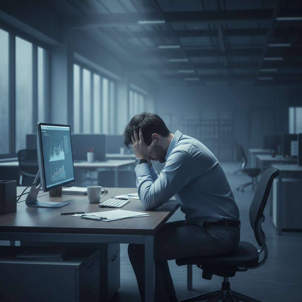 A solitary office worker sitting at a desk with head in hands, cinematic lighting, muted blue and grey colors, shadows representing stress and isolation, blurred office background