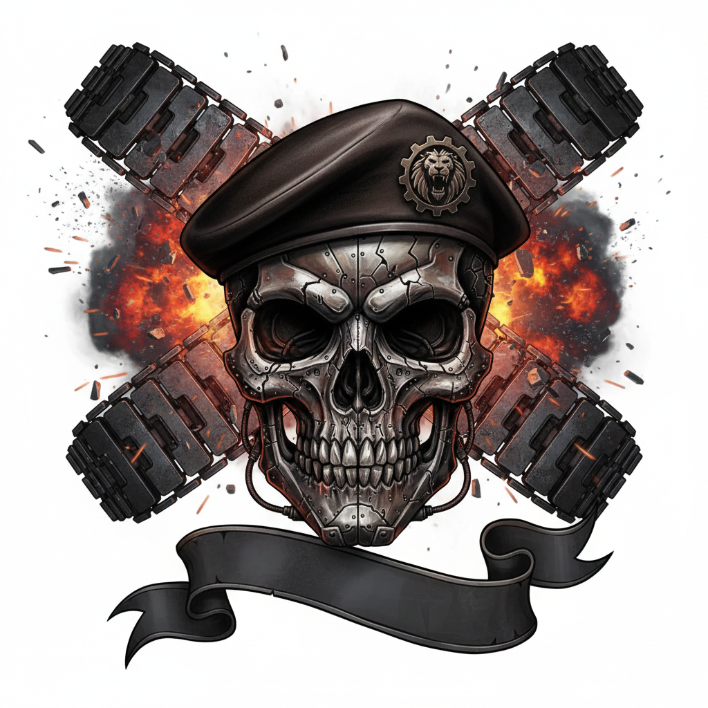 Skull in mechanical art style with cracks resembling tank armor, wearing a stylized beret with a clan emblem. Background of crossed tank tracks and exploding shells in dark red and steel tones. Gothic font ribbon. Cinematic lighting, high detail, 8k.
