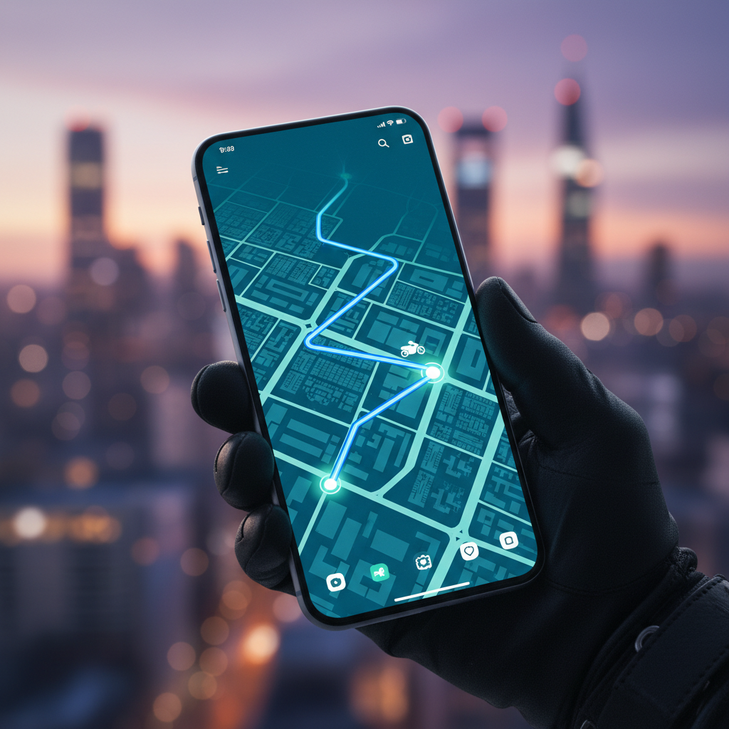Close up view of a smartphone screen displaying a map with a route and a motorcycle icon, held by a person in an urban outdoor setting, soft focus city background, high tech vibe
