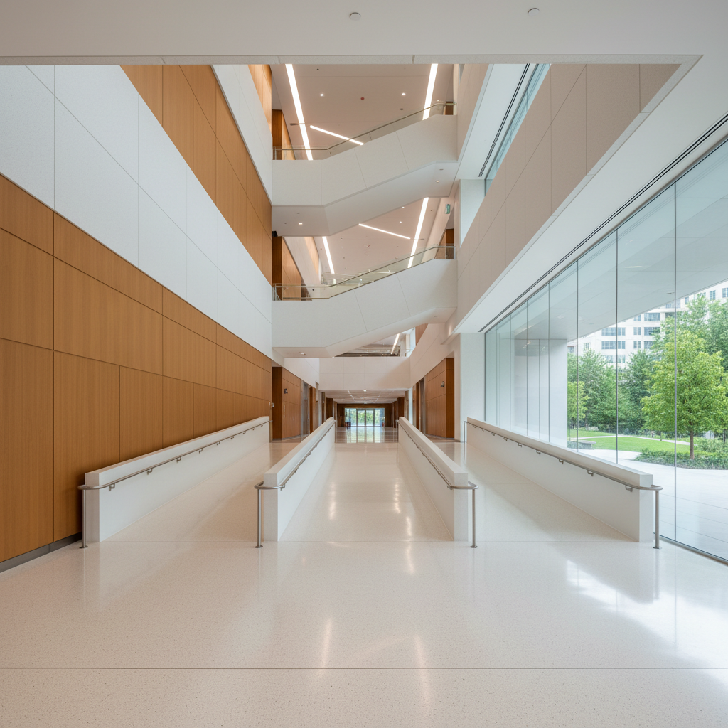 Architectural shot of a modern convention center hallway featuring wide accessible ramps and clear multilingual signage, devoid of people, professional lighting