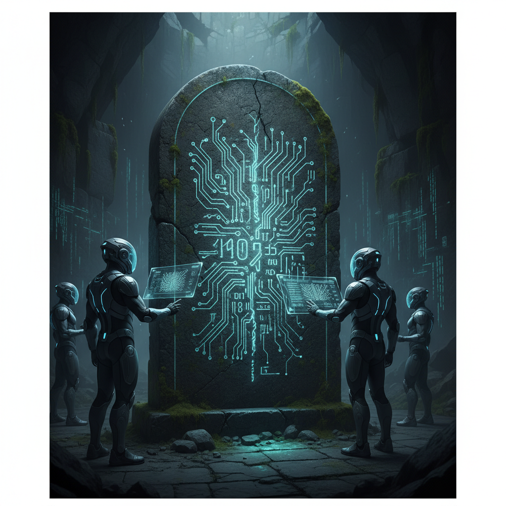 An ancient stone tablet with glowing code engraved on it, being admired by futuristic data analysts.