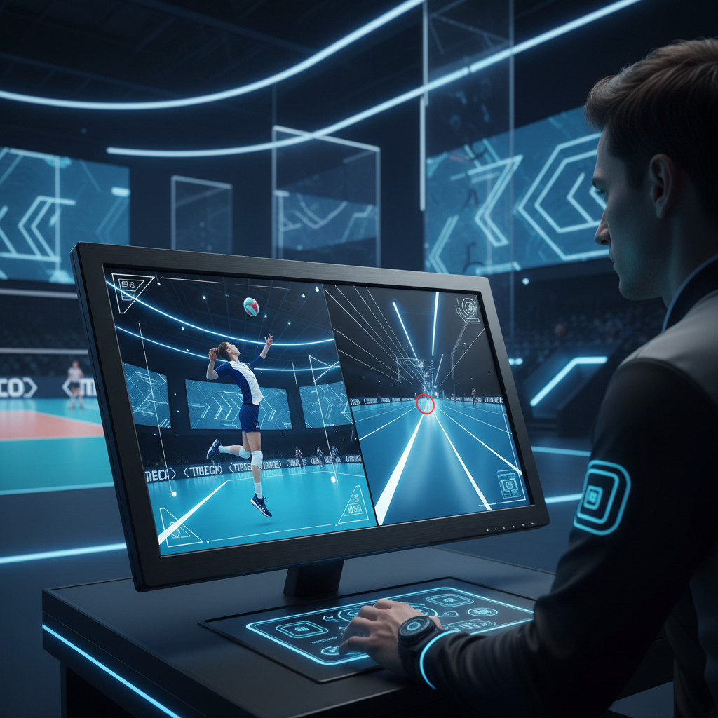 Modern volleyball referee monitoring a screen for video challenge review, high-tech sport environment, close-up on monitor with volleyball gameplay