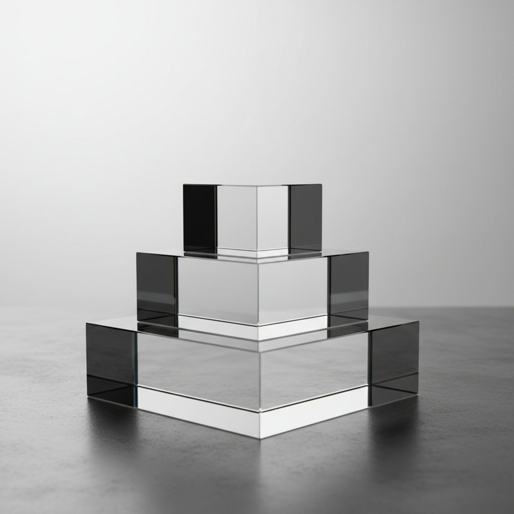 A 3D stacked pyramid diagram made of glass, sitting on a table, symbolizing hierarchy and stability, minimal style, neutral background