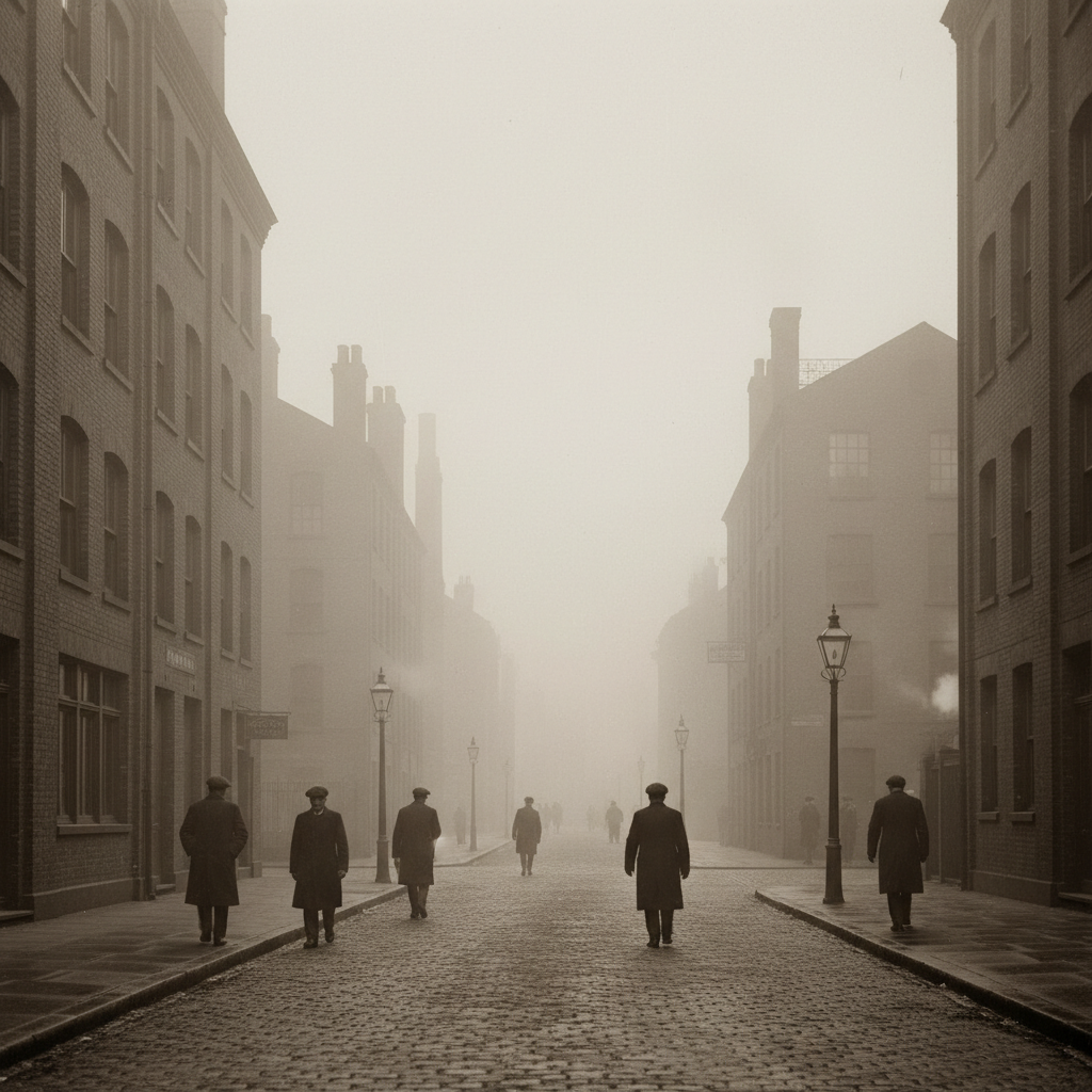 Vintage 1920s industrial street with fog and silhouettes of men in caps walking, atmospheric lighting, sepia tone, high quality cinematic