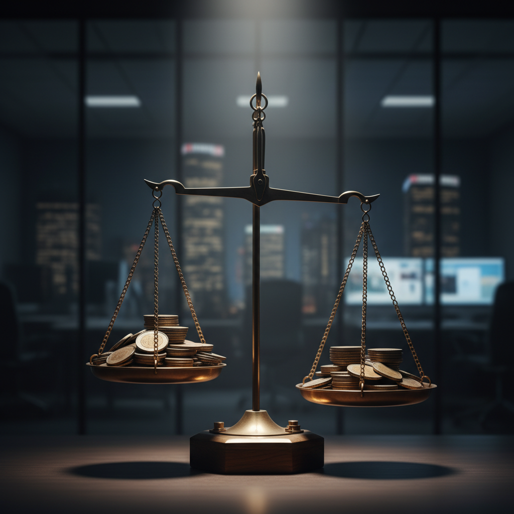 Scales of justice unbalanced by a stack of coins, representing corruption and inequality, dramatic lighting, dark corporate background, photorealistic, 4k