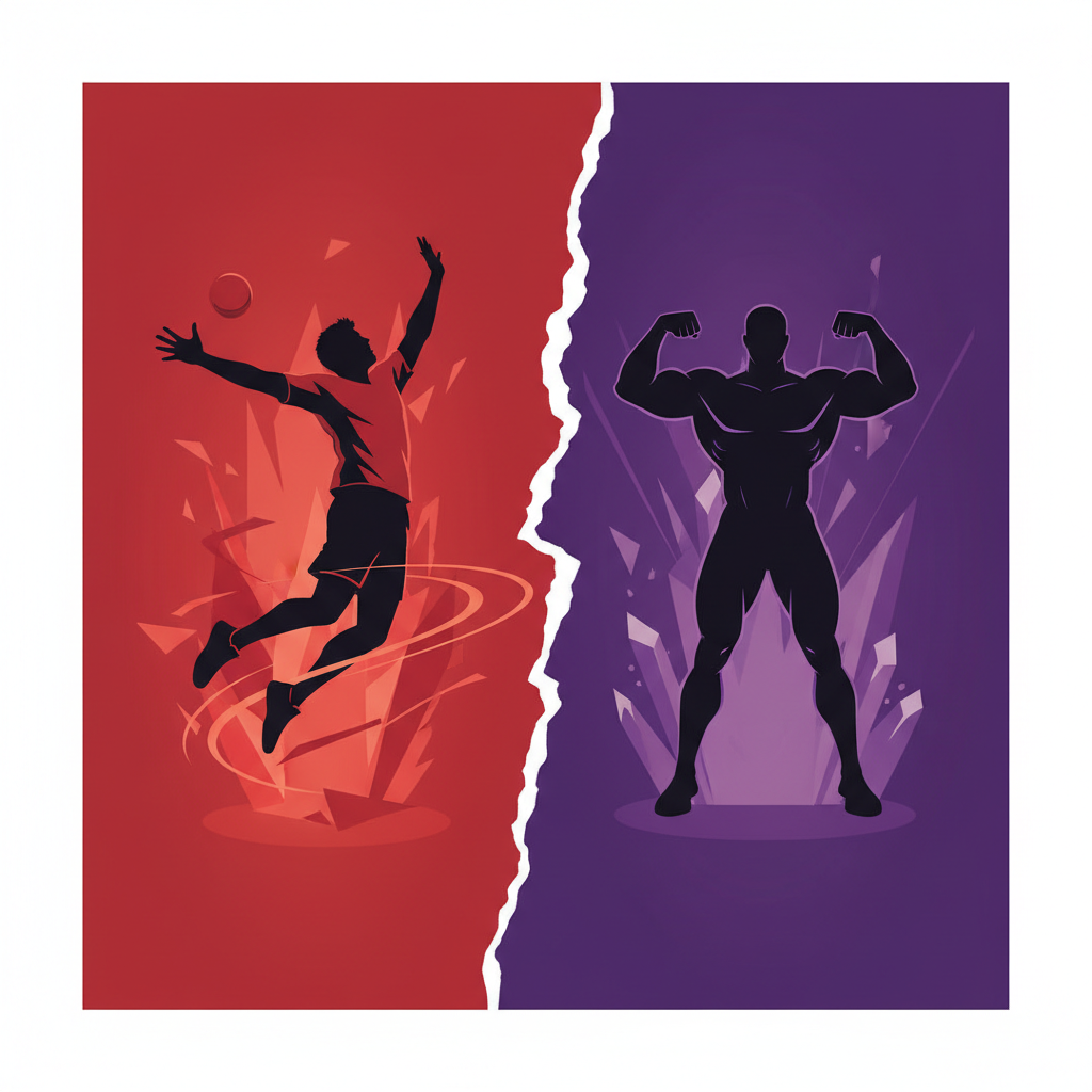 Split screen conceptual illustration, left side red theme with silhouette of flying player, right side purple theme with silhouette of powerful player
