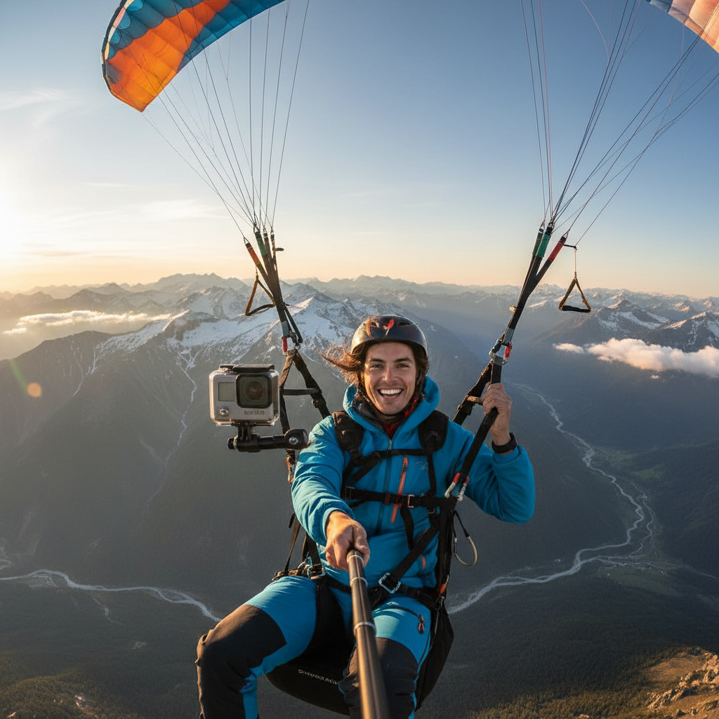 social media influencer holding a gopro camera filming themselves paragliding with a stunning mountain background, energetic atmosphere