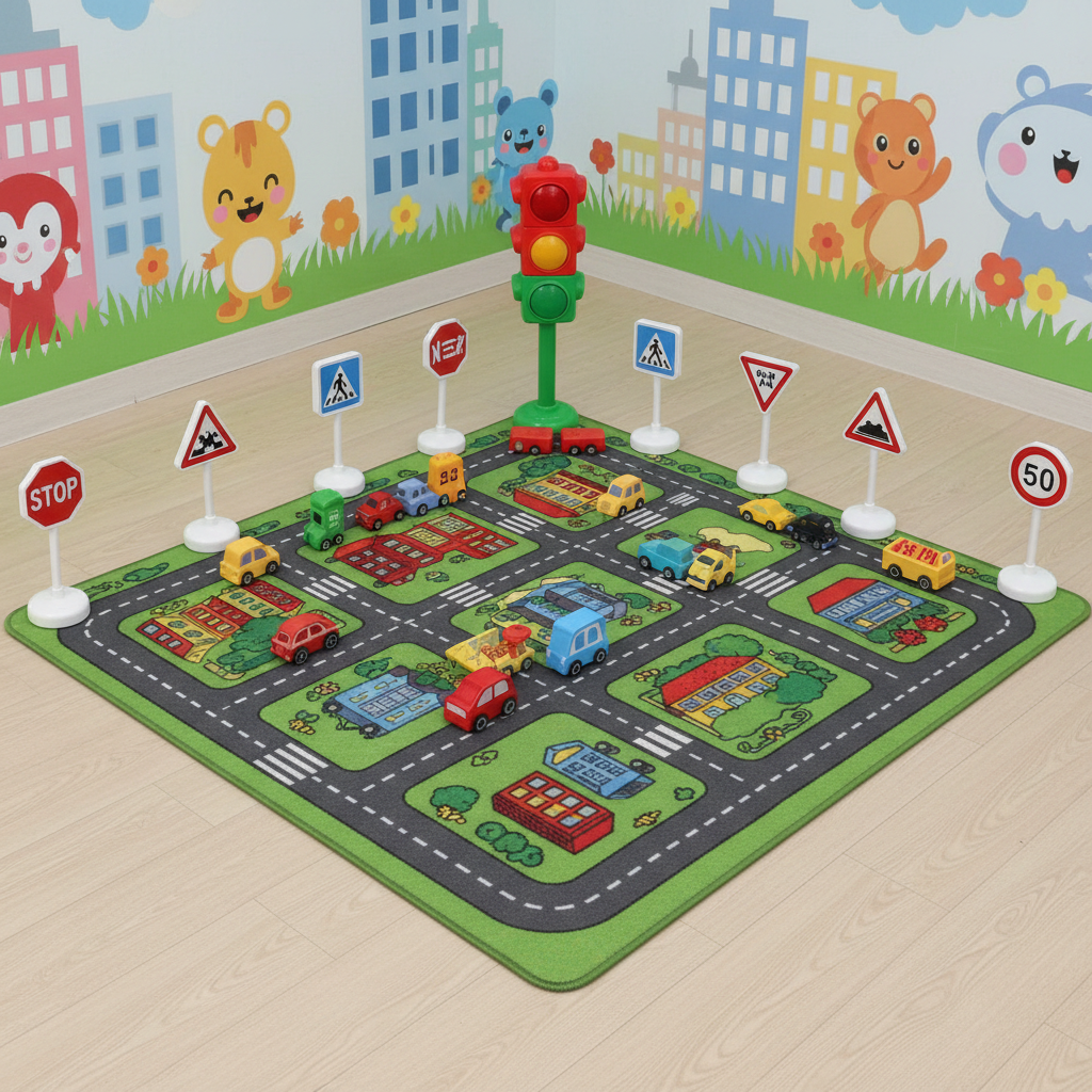 Educational traffic safety corner for kids, toy traffic light, road rug with cars, traffic signs toys