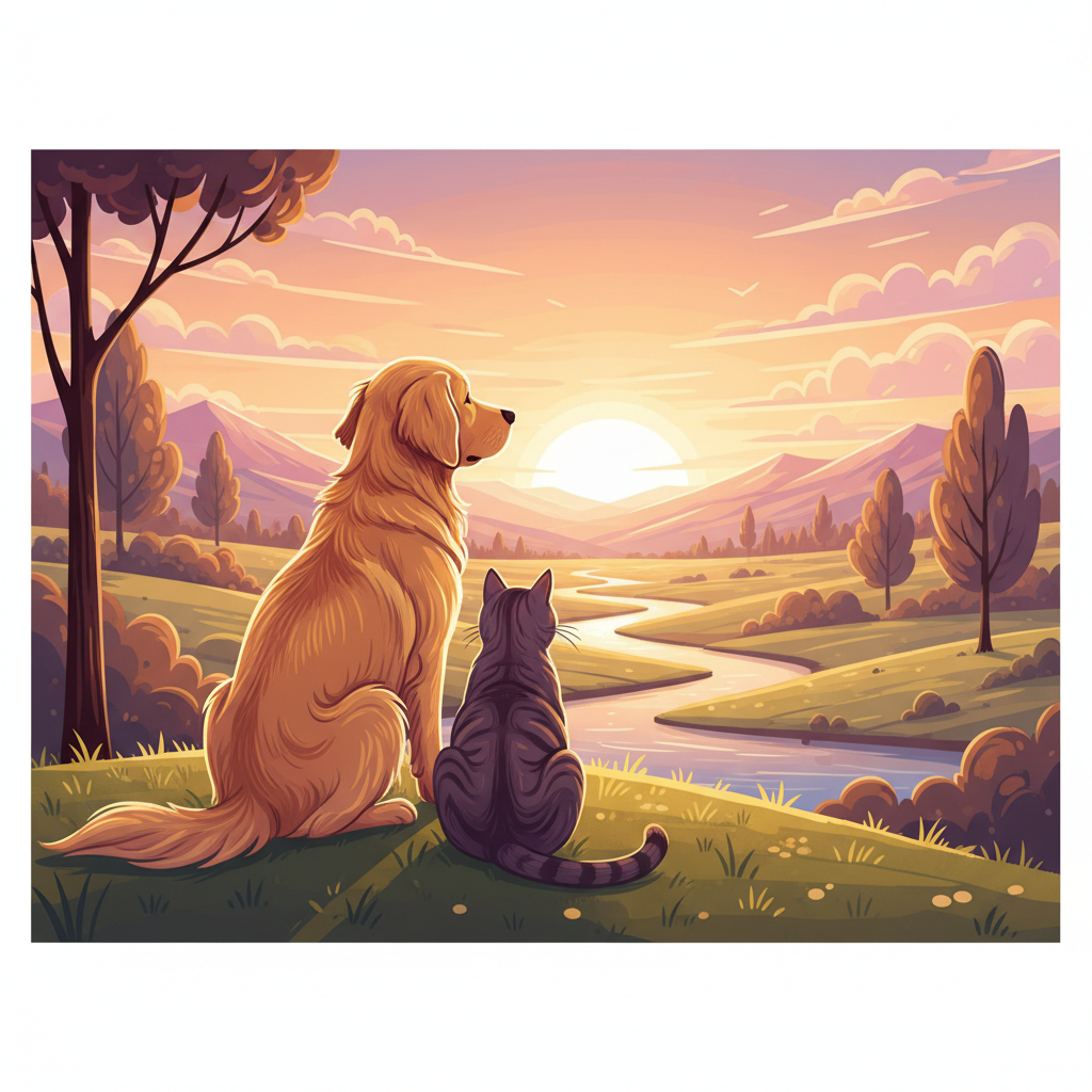 A warm, stylized illustration of a golden retriever dog and a tabby cat sitting side by side looking at a sunset, harmonious atmosphere, soft lighting, 4k