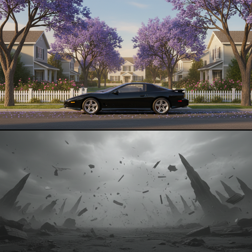 Split screen image. Left side: A 90s suburban street, too perfect, sunlight, purple jacaranda trees, black 1991 Trans Am. Right side: A wind-blasted grey wasteland, sharp jagged rocks, floating debris, bleak atmosphere.