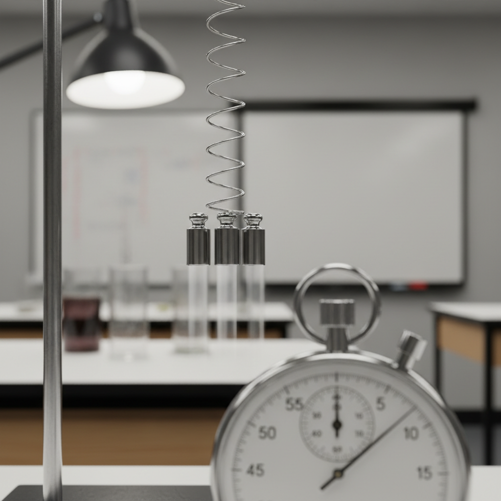 close up of a spring pendulum with metal weights in a physics classroom, motion blur indicating oscillation, stopwatch in foreground, scientific lighting