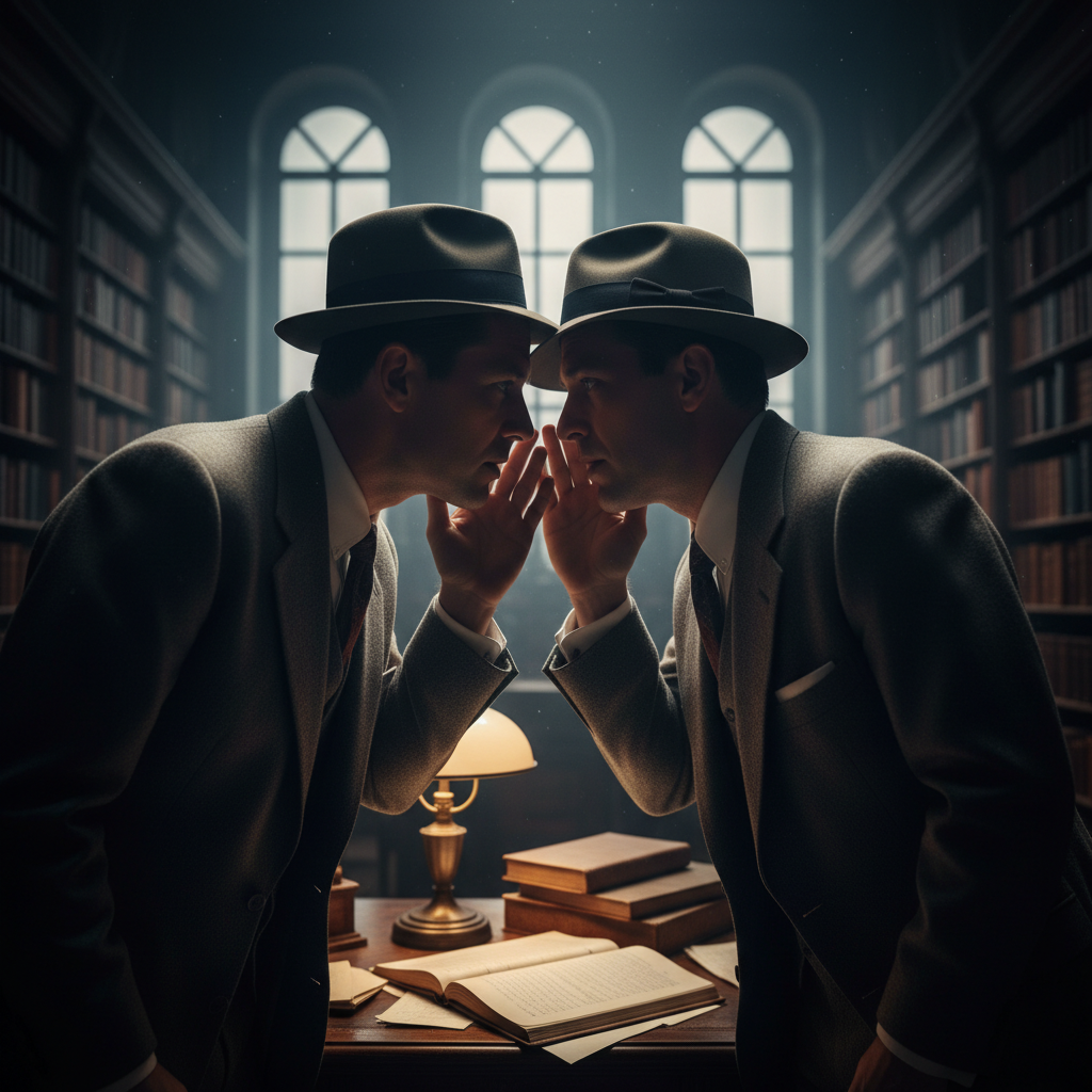 Two men whispering in a dark library, 1950s suits, serious expression, cinematic lighting