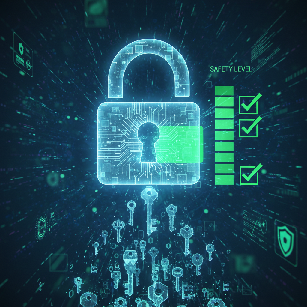 password strength concept art, glowing lock, digital keys, game interface elements, green checkmarks, safety level indicator, futuristic style