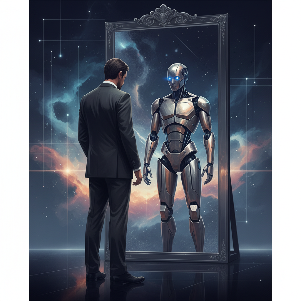 Conceptual art of a person in business attire looking into a large mirror, but the reflection shows a metallic robot version of themselves, stylistic, introspective mood