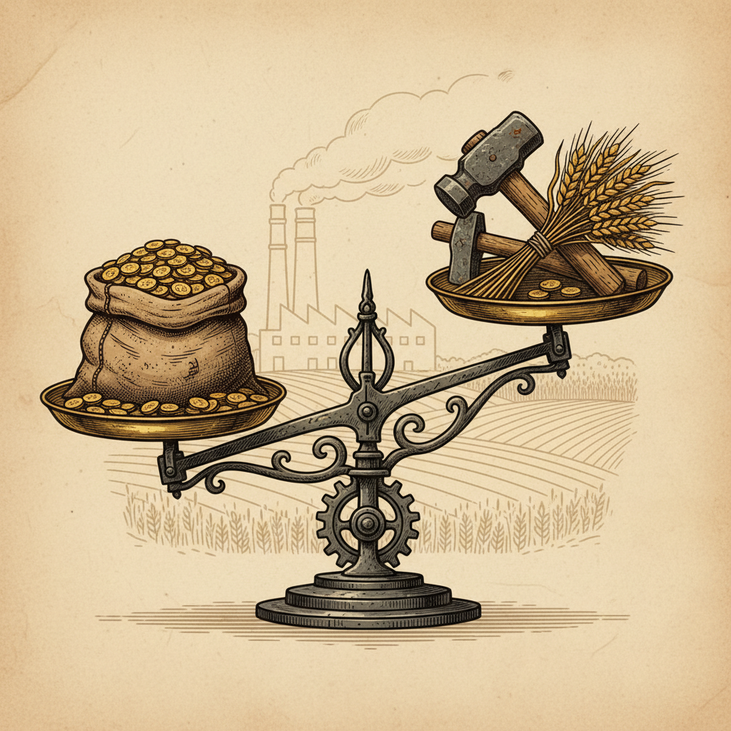 Old fashioned balance scale weighing a bag of gold coins against tools of labor (hammer, wheat), vintage style illustration, conceptual economy