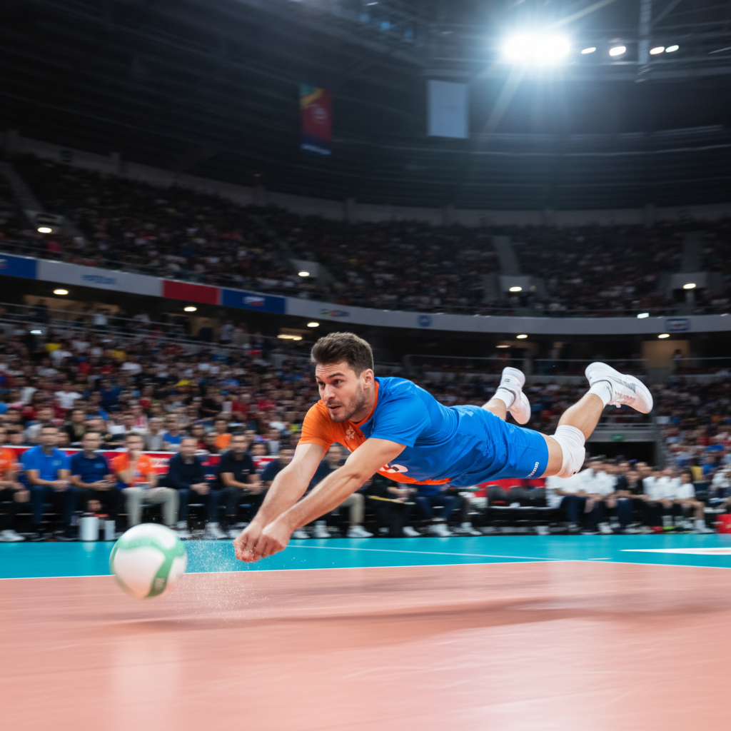 Volleyball player in a contrasting colored jersey diving for a ball, focus on defensive action, dynamic motion blur, stadium background