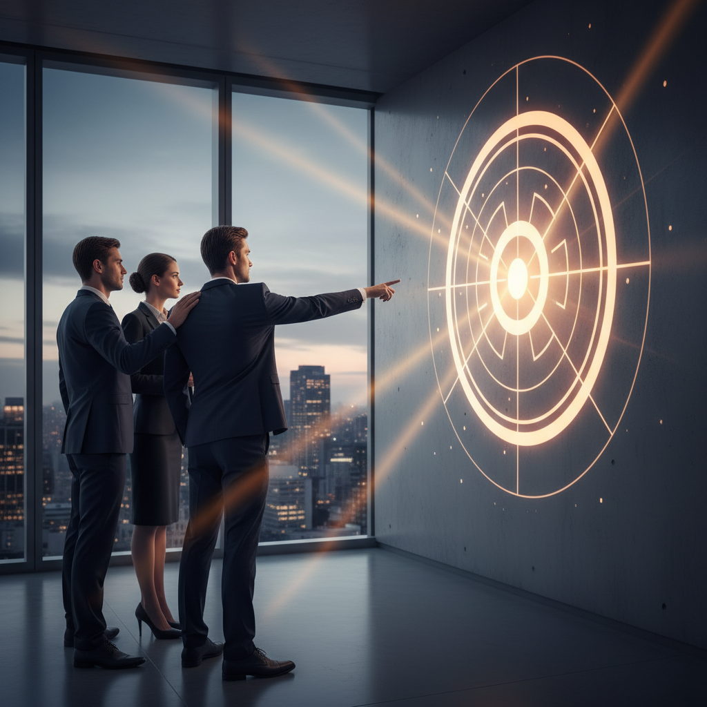 Business executives pointing at a strategic target or goal on a wall, symbolizing focus and alignment, cinematic lighting, corporate style
